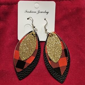 Faux Leather Christmas Holiday Buffalo Plaid Checkered Gold Glitter Earrings